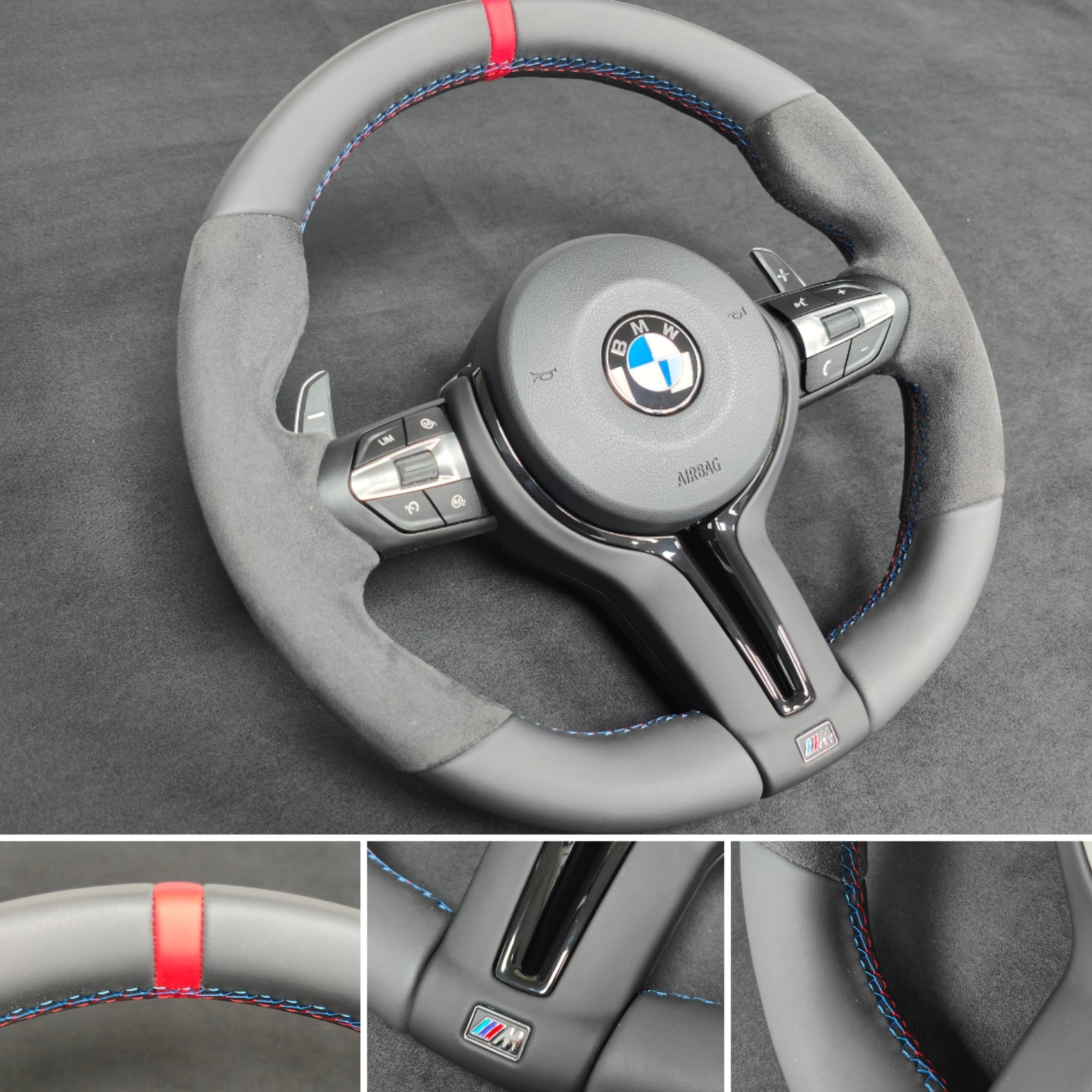 BMW F-SERIES NAPPA LEATHER TRI-STITCH / ALCANTARA / RED RING STEERING WHEEL - BMW 1 2 3 4 5 X SERIES